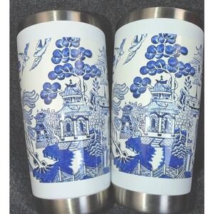 Set of 2 Blue Willow Chinoiserie Stainless Steel Tumblers Cups